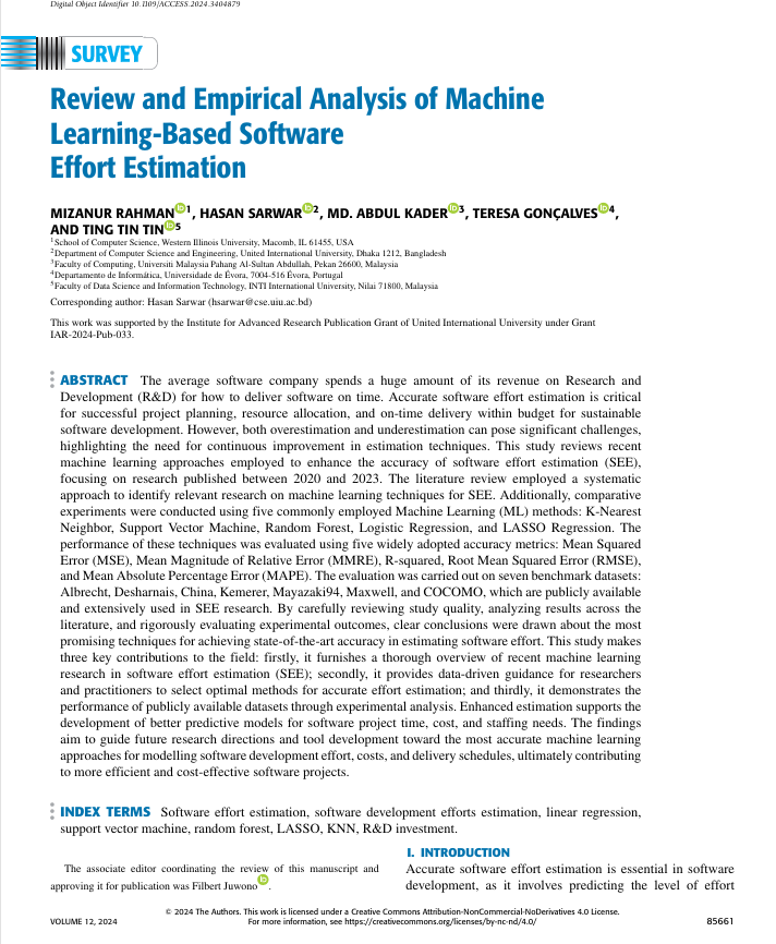 Review and Empirical Analysis of Machine Learning-Based Software Effort Estimation